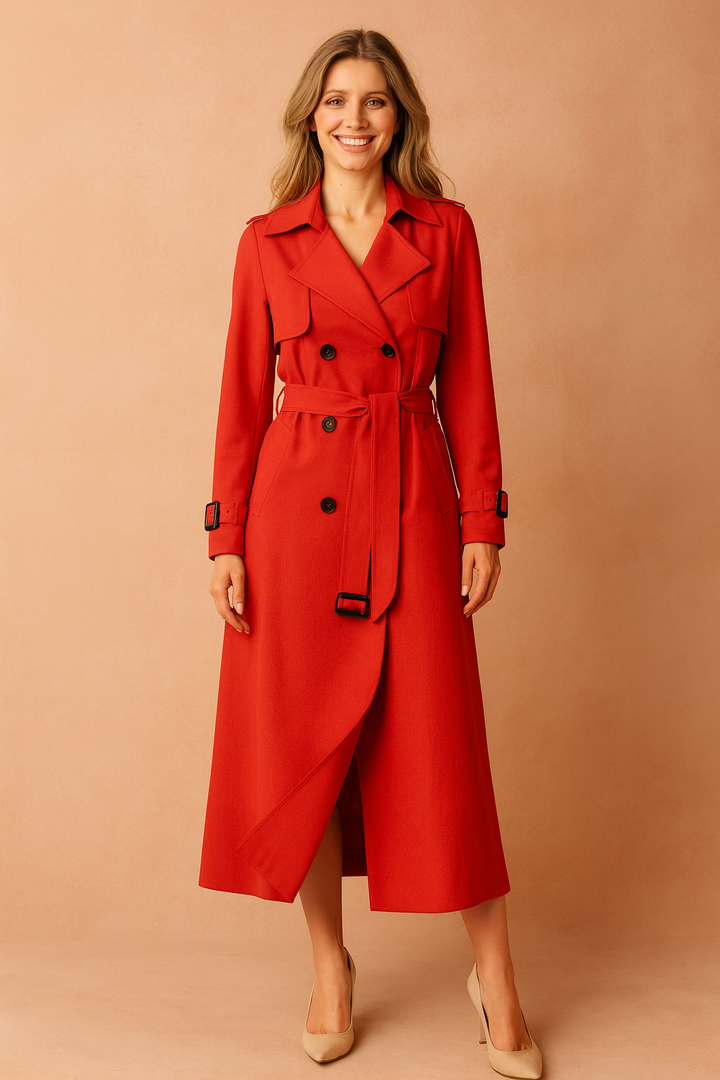 Long Belted Trench Coat with Buckle Detail for Women