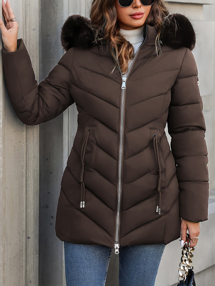 Elegant Quilted Puffer Coat with Faux Fur Hood