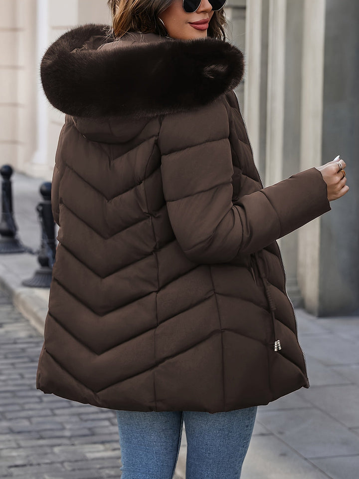 Elegant Quilted Puffer Coat with Faux Fur Hood