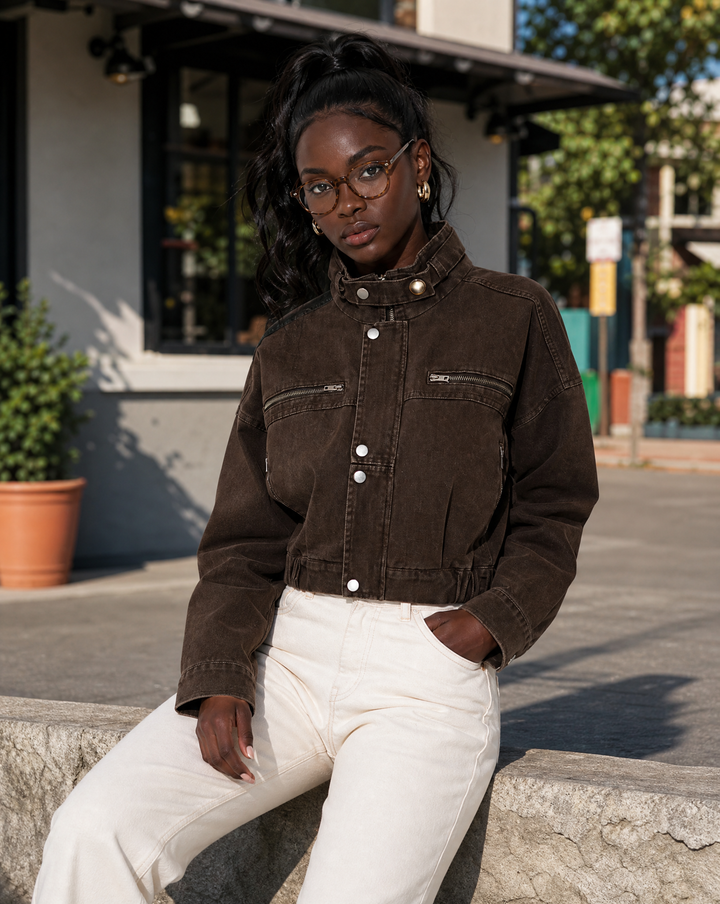 Women's Structured Cropped Brown Denim Jacket