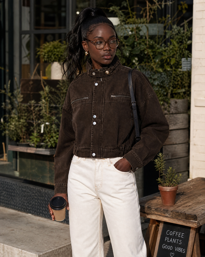 Women's Structured Cropped Brown Denim Jacket