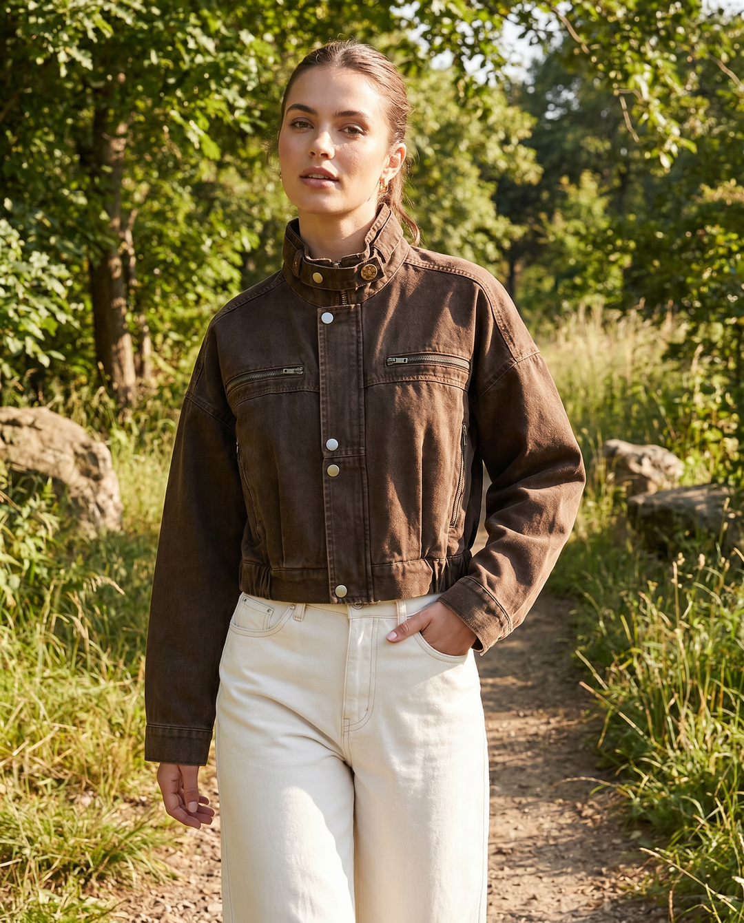 Women's Structured Cropped Brown Denim Jacket