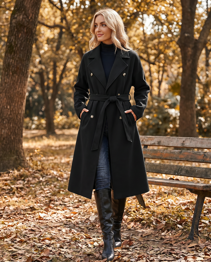 Women's Longline Winter Trench Coat — Belted Insulated Long-Sleeve Overcoat