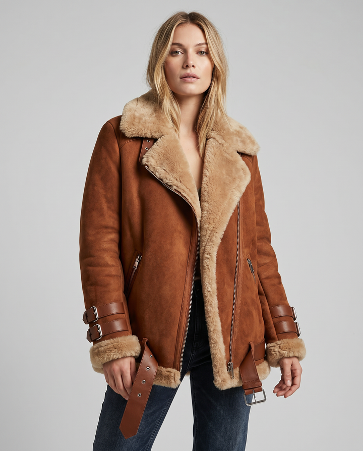 Women's Premium Faux Sheepskin Jacket With Belt And Pockets