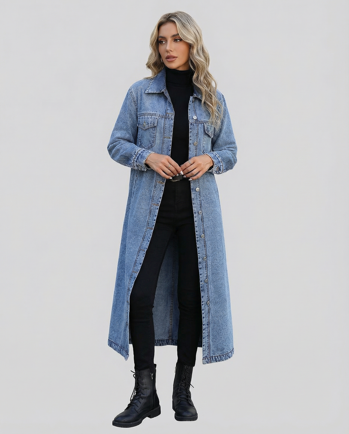 Women’s Oversized Long Denim Coat with Button-Down Front and Classic Collar