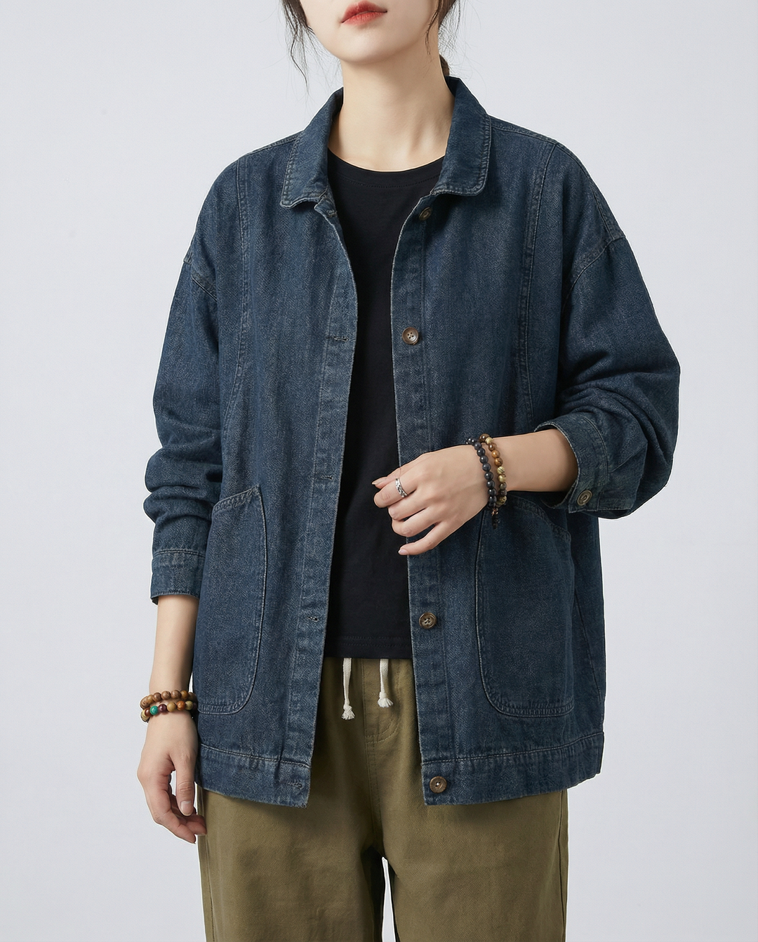 Women’s Oversized Longline Denim Jacket with Utility Pockets and Relaxed Street Style Fit