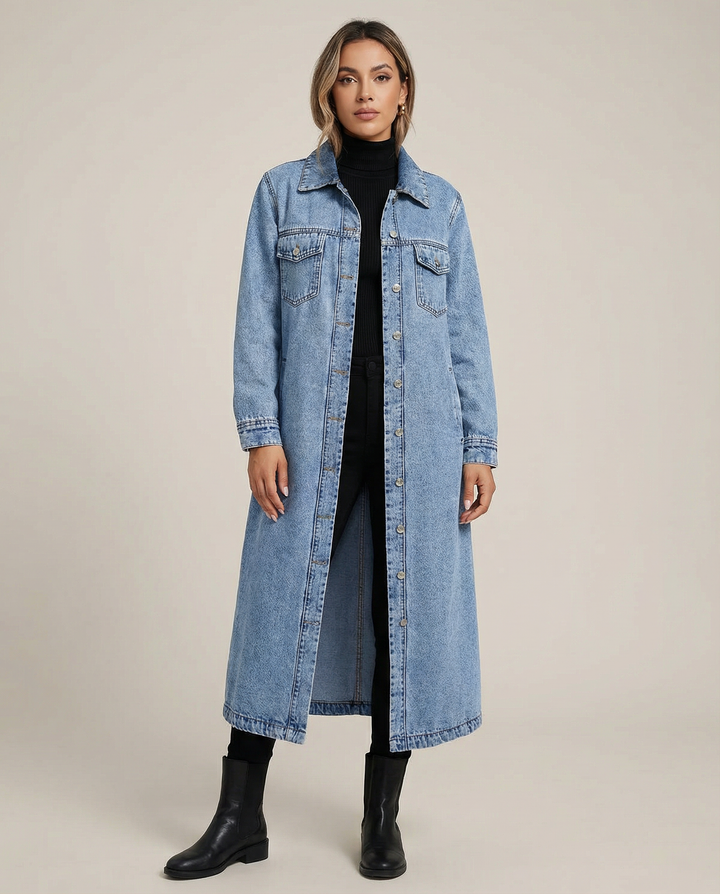 Women’s Oversized Long Denim Coat with Button-Down Front and Classic Collar