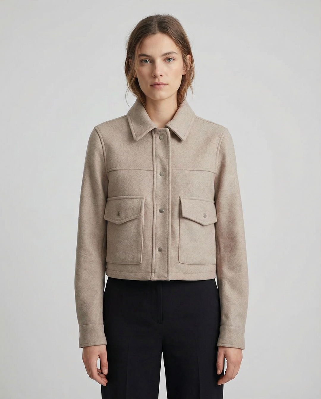 Women’s Cropped Wool-Blend Jacket with Button Front and Structured Utility Design