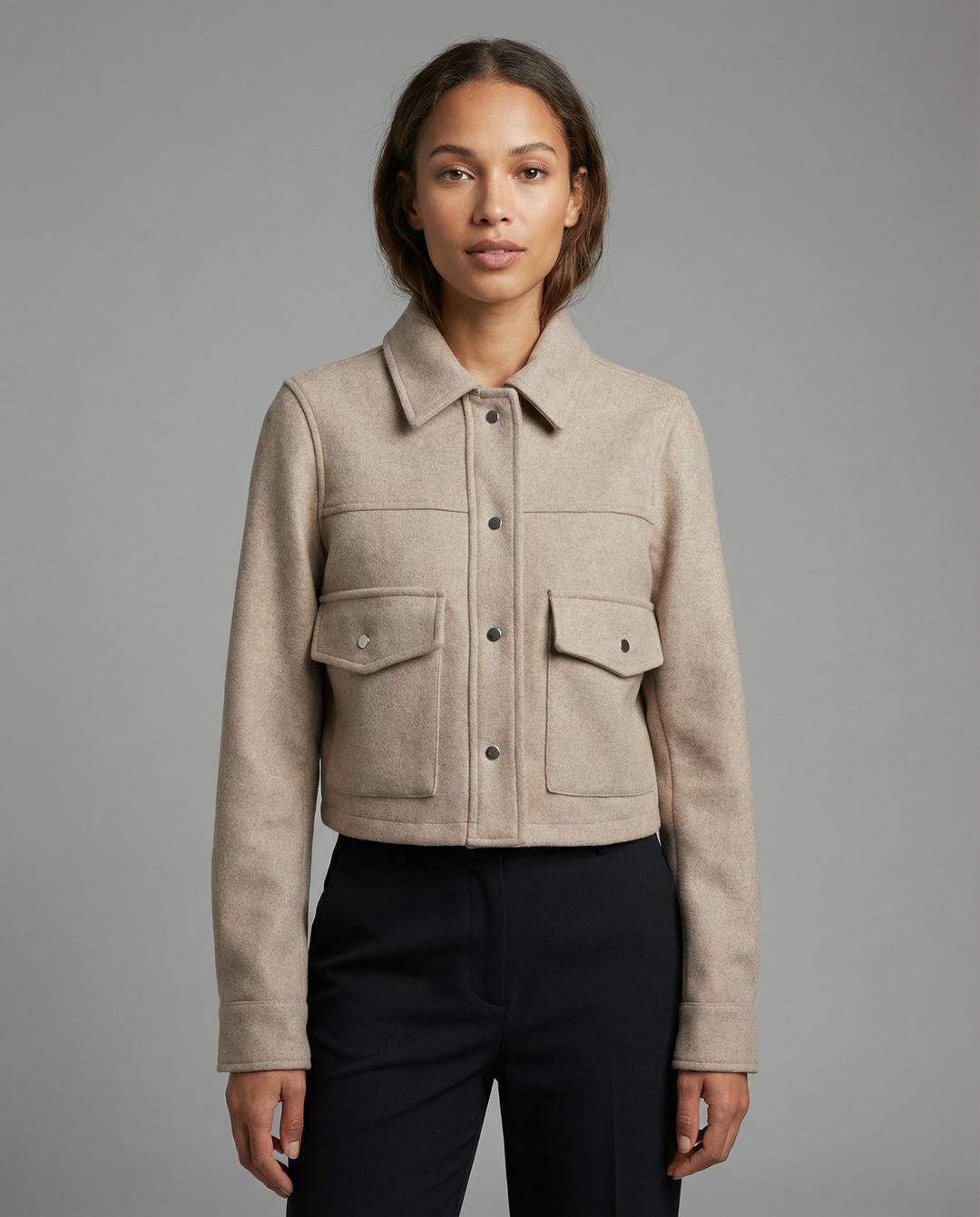 Women’s Cropped Wool-Blend Jacket with Button Front and Structured Utility Design