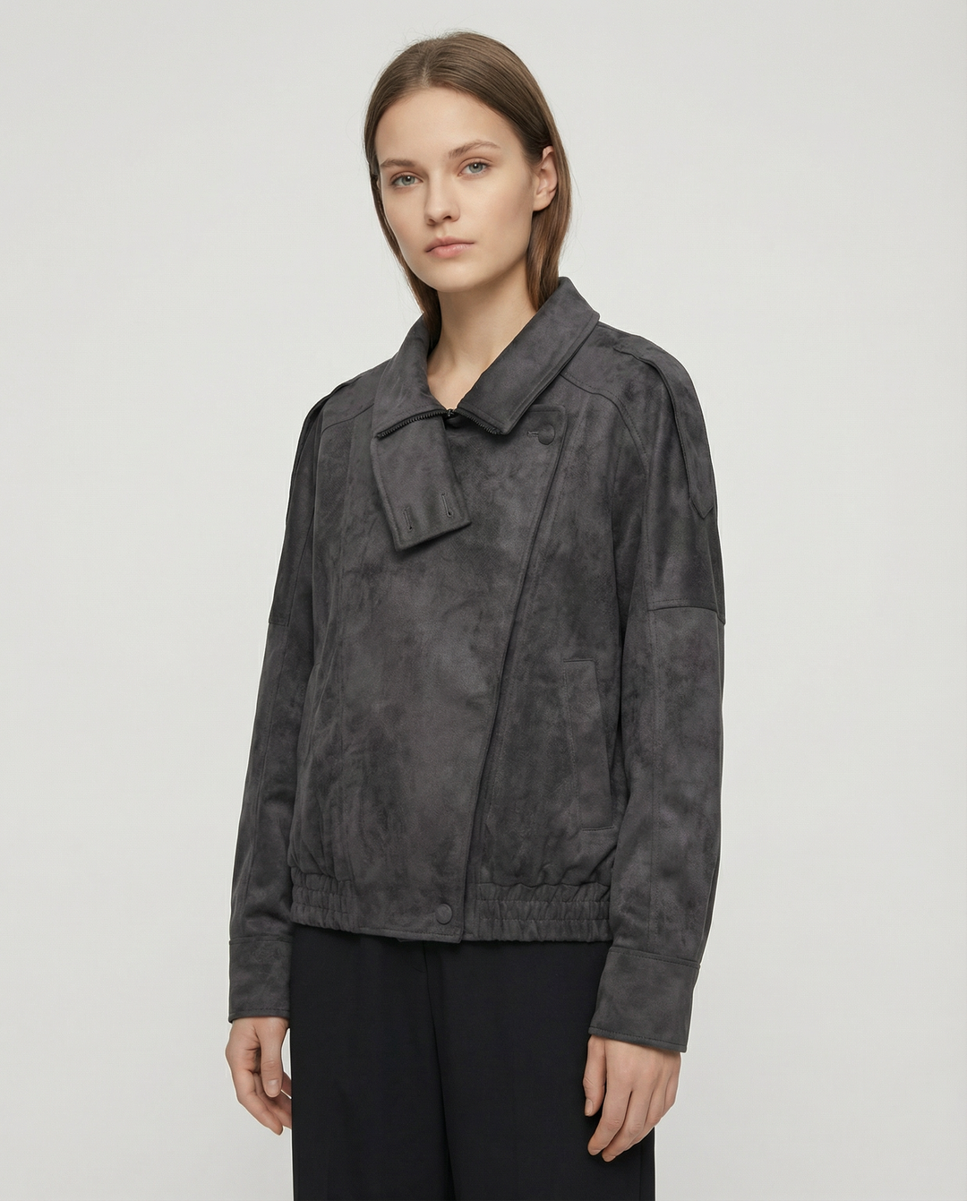 Women’s Oversized Faux Suede Jacket with Asymmetrical Collar and Modern Utility Silhouette