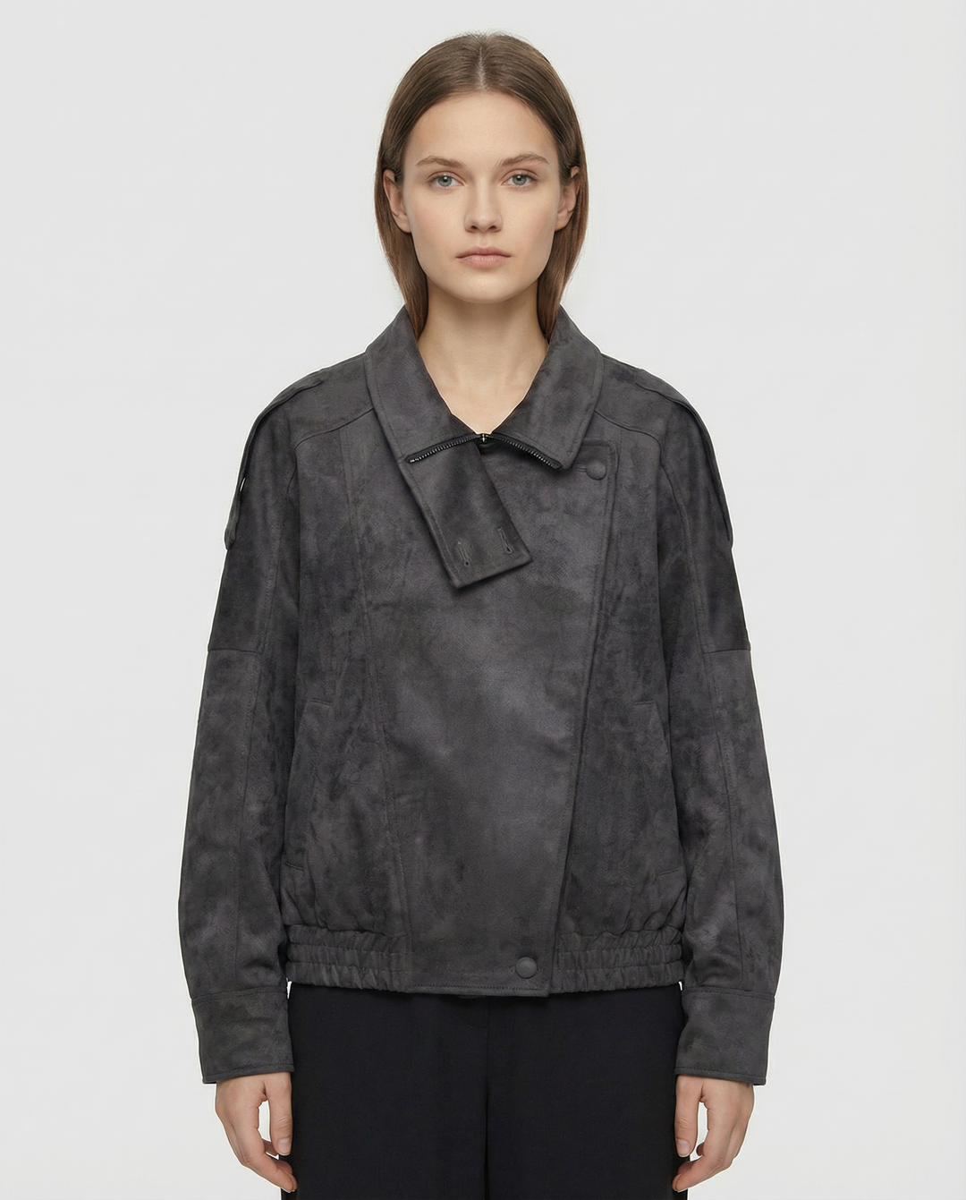 Women’s Oversized Faux Suede Jacket with Asymmetrical Collar and Modern Utility Silhouette