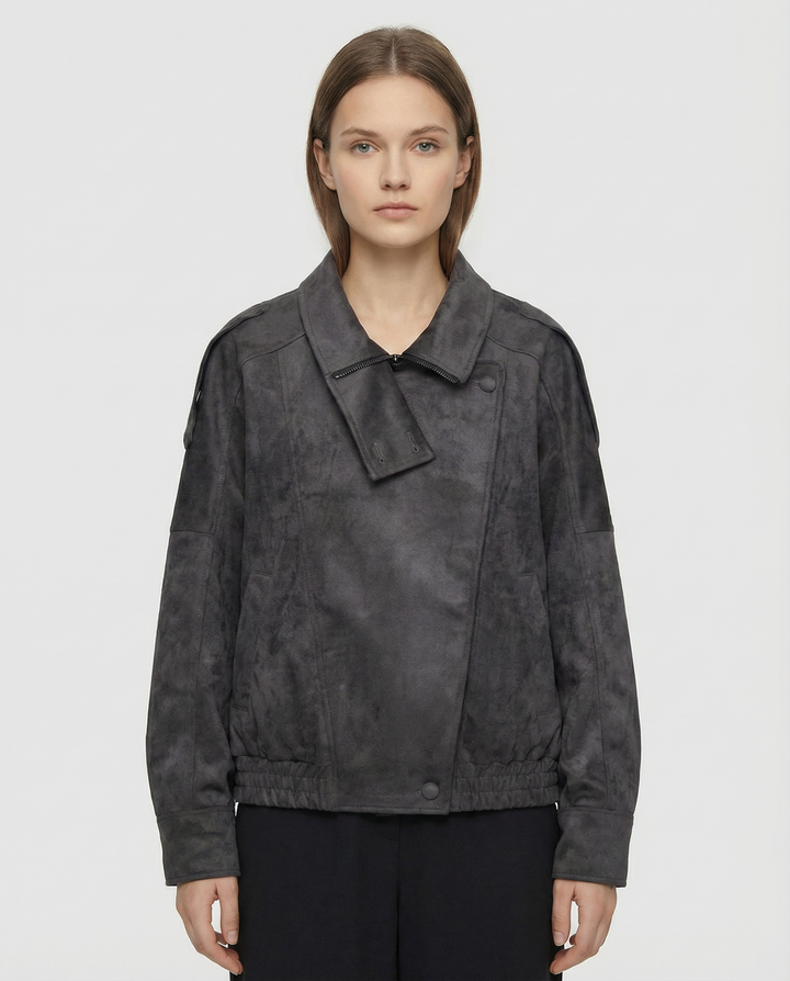 Women’s Oversized Faux Suede Jacket with Asymmetrical Collar and Modern Utility Silhouette