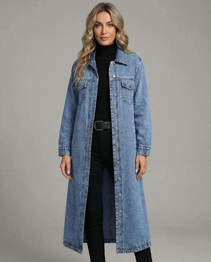 Women’s Oversized Long Denim Coat with Button-Down Front and Classic Collar