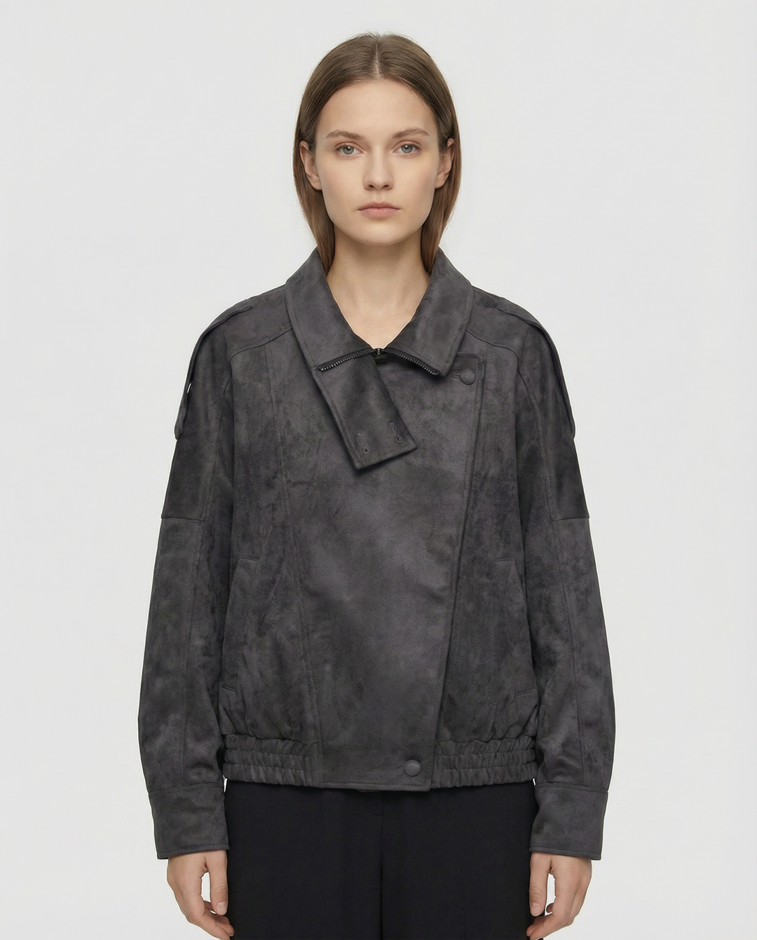 Women’s Oversized Faux Suede Jacket with Asymmetrical Collar and Modern Utility Silhouette