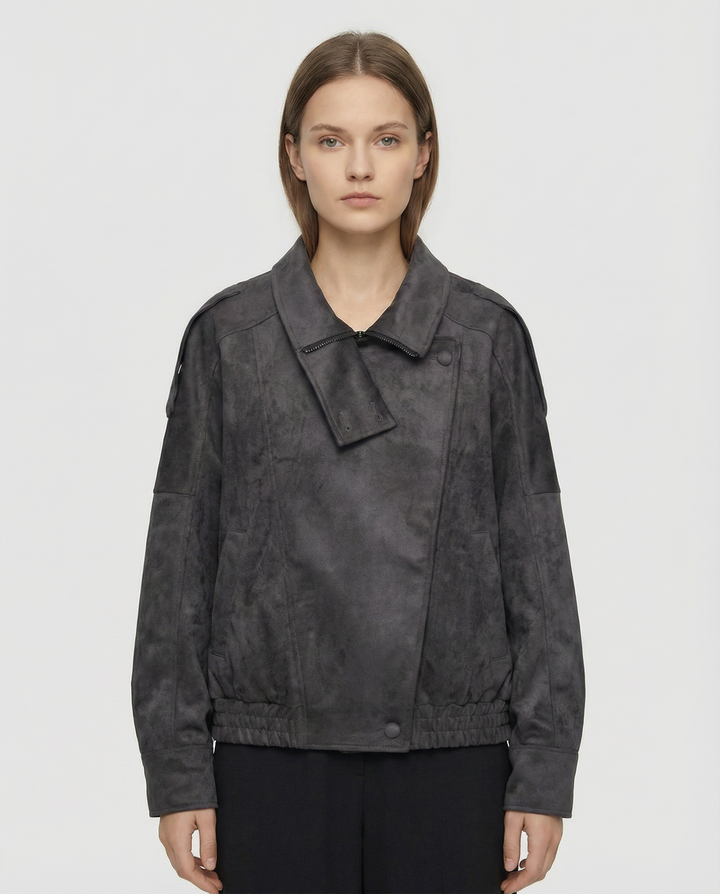 Women’s Oversized Faux Suede Jacket with Asymmetrical Collar and Modern Utility Silhouette