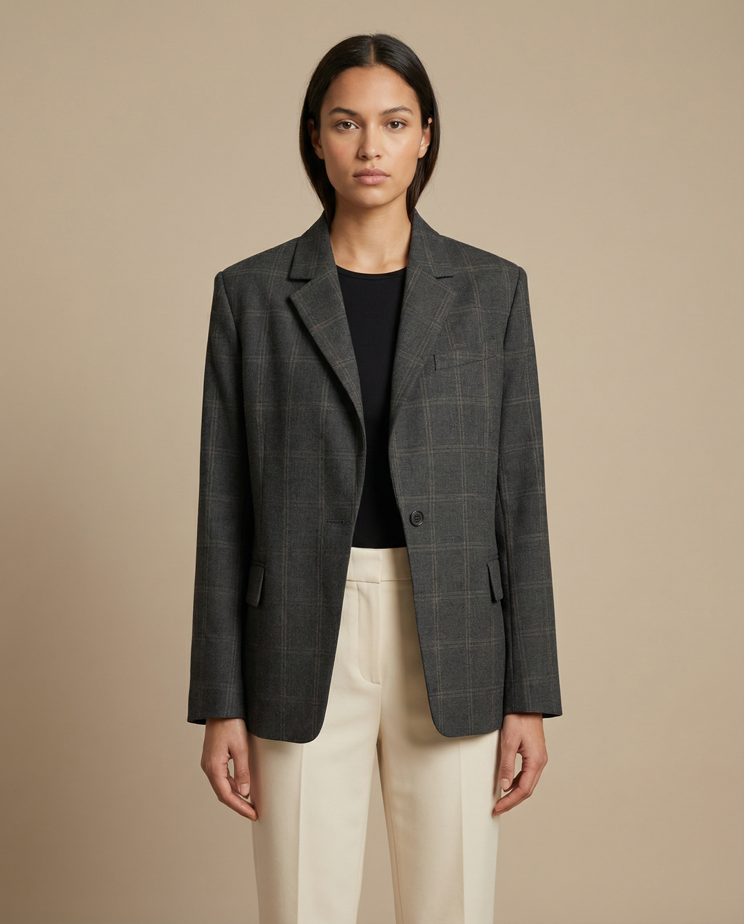 Women’s Oversized Checkered Blazer with Structured Shoulders and Modern Tailored Fit