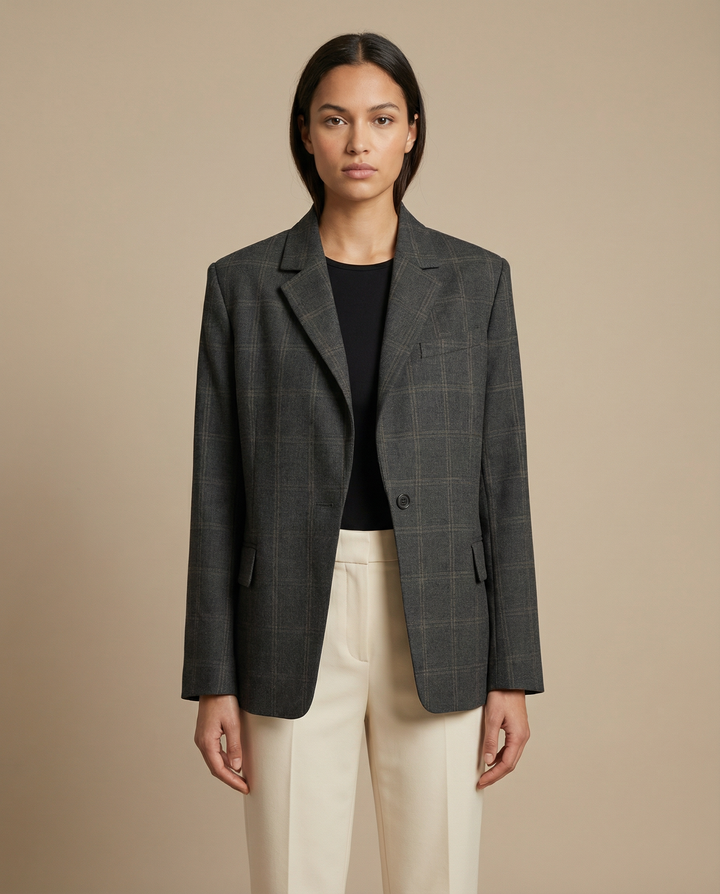 Women’s Oversized Checkered Blazer with Structured Shoulders and Modern Tailored Fit