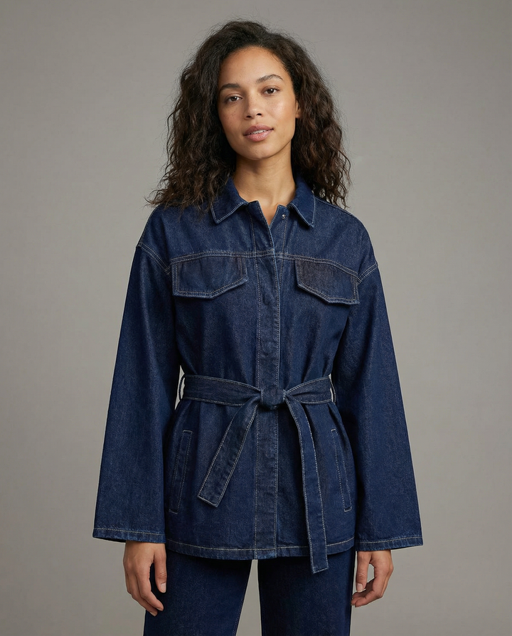 Women’s Belted Denim Utility Jacket with Structured Collar and Relaxed Fit