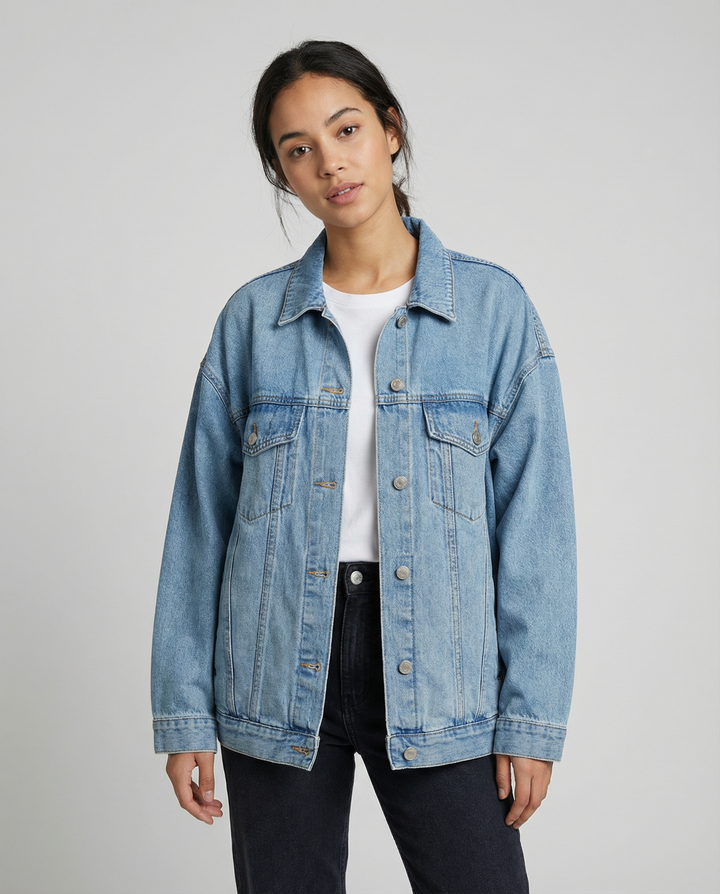 Women’s Oversized Denim Jacket with Classic Collar and Relaxed Streetwear Fit