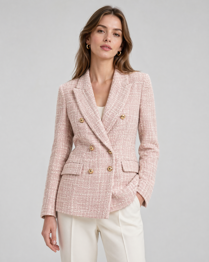 Pink Tweed Blazer with Gold Buttons – Classic Double-Breasted Jacket