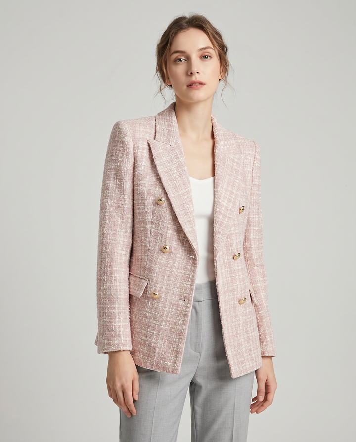 Pink Tweed Blazer with Gold Buttons – Classic Double-Breasted Jacket