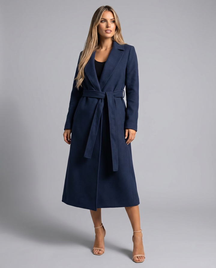 Women's Long Winter Trench Coat — Elegant Belted Lapel Long-Sleeve Wool-Blend Overcoat