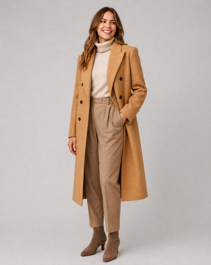Women's Double-Breasted Elegant Tailored Coat — Long-Sleeve Lapel Wool-Blend Overcoat
