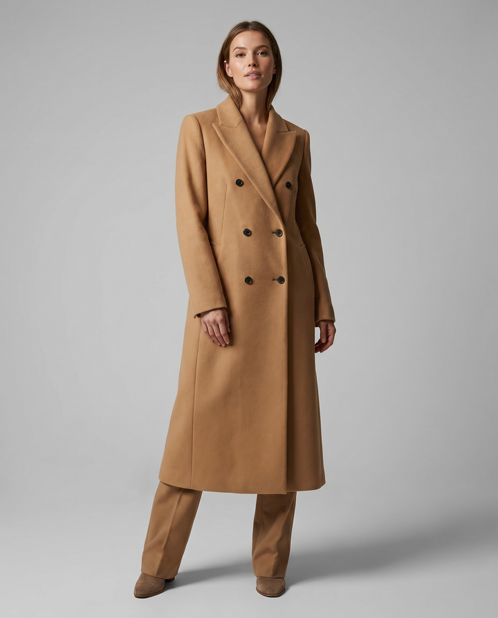 Women's Double-Breasted Elegant Tailored Coat — Long-Sleeve Lapel Wool-Blend Overcoat