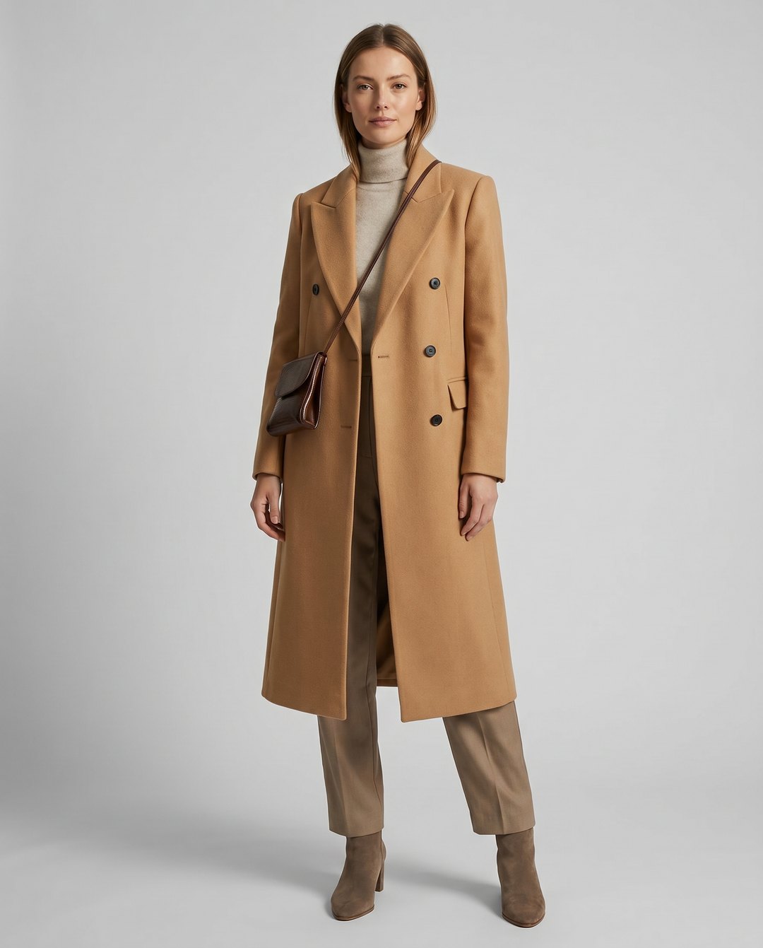 Women's Double-Breasted Elegant Tailored Coat — Long-Sleeve Lapel Wool-Blend Overcoat
