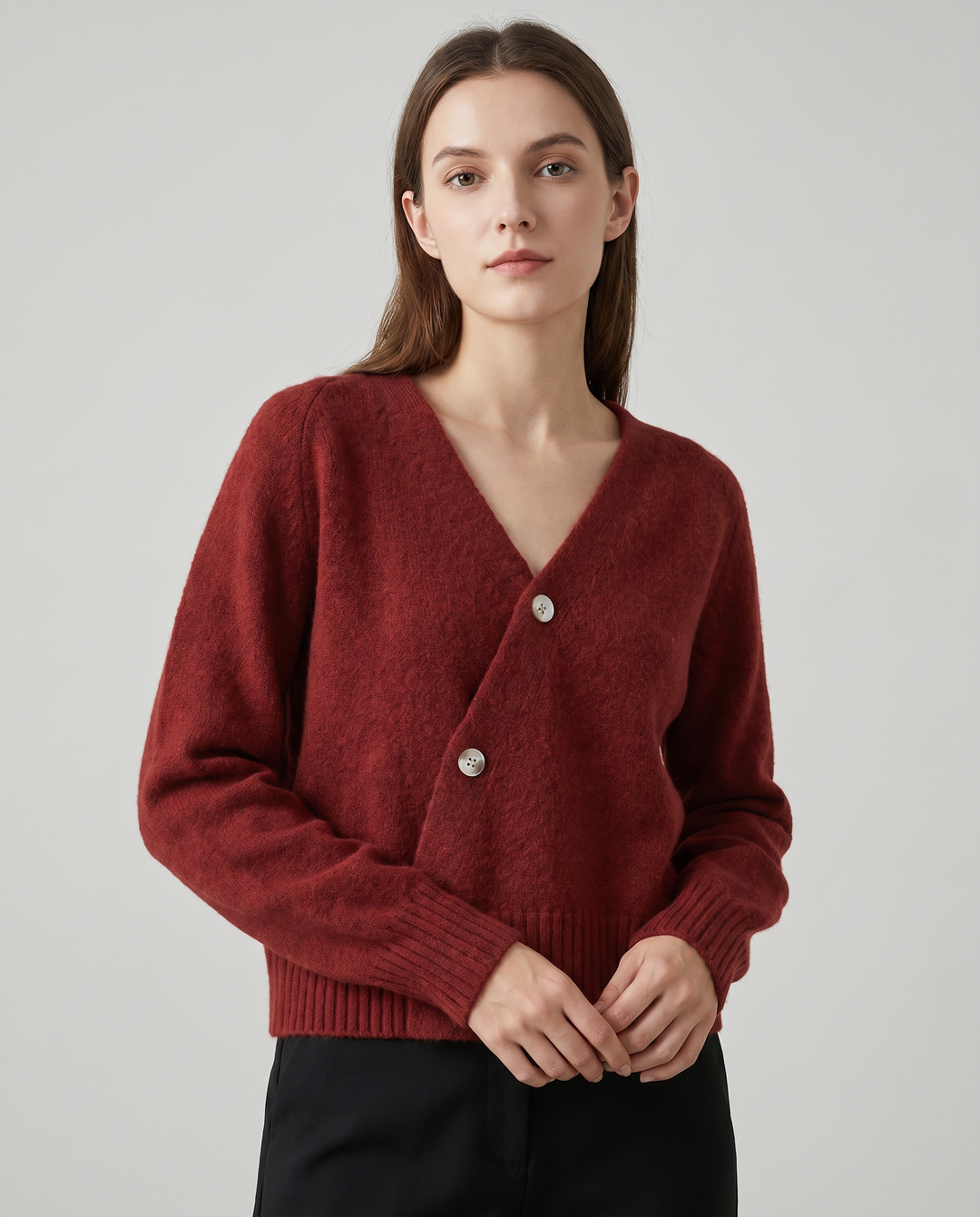 Cross Button V-Neck Wool Blend Sweater for Women