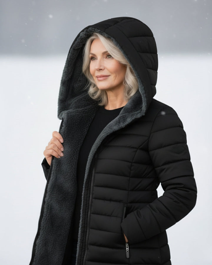 Fleece-Lined Hooded Puffer Jacket with Flattering Fit