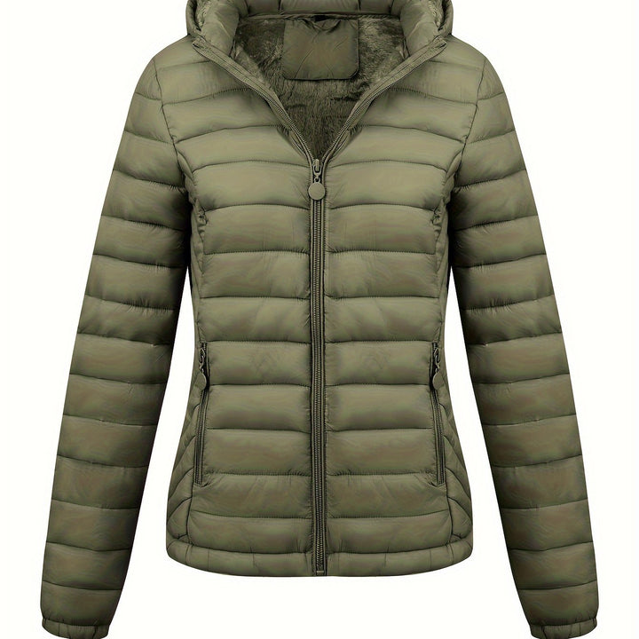 Lightweight Quilted Hooded Puffer Jacket with Fleece Lining