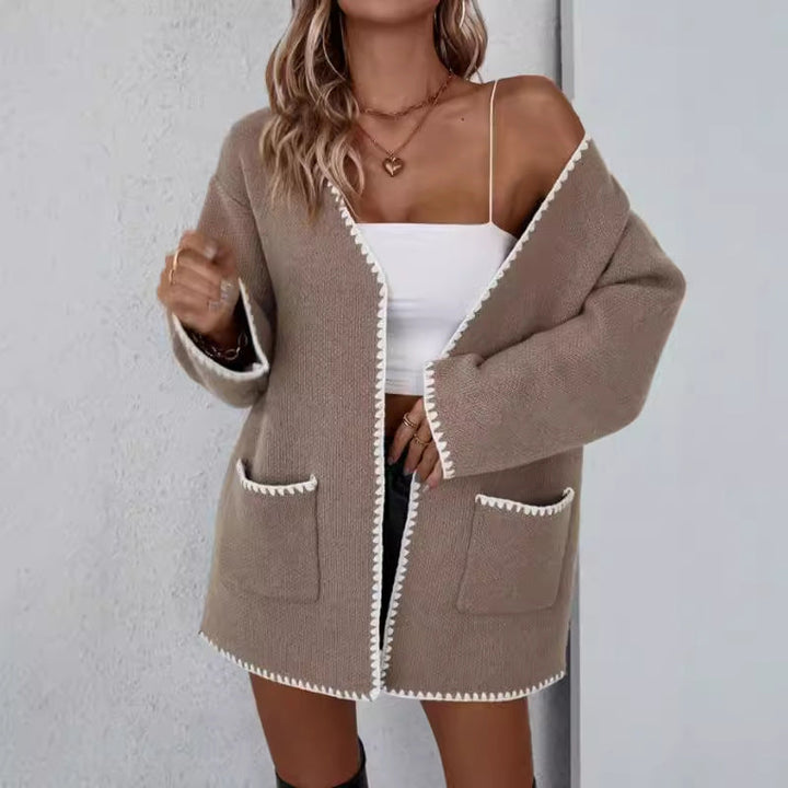 Open Front Long Sleeve Cardigan - Knit Pocket Cardigan