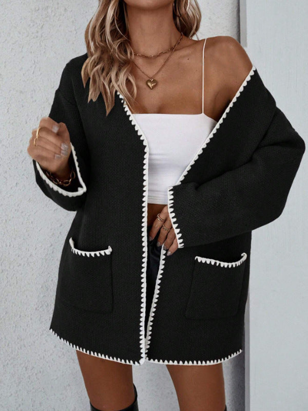 Open Front Long Sleeve Cardigan - Knit Pocket Cardigan