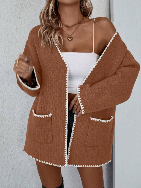 Open Front Long Sleeve Cardigan - Knit Pocket Cardigan