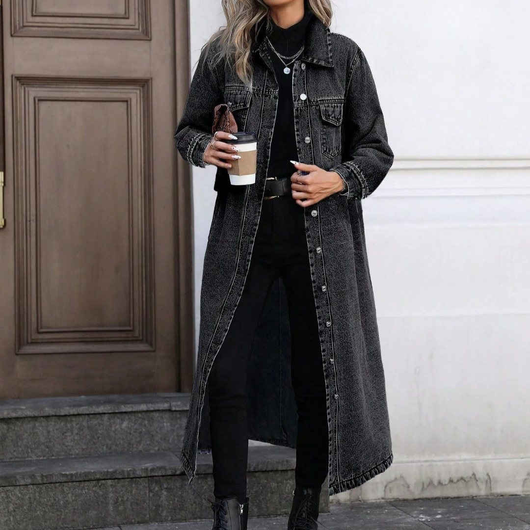 Women’s Oversized Long Denim Coat with Button-Down Front and Classic Collar