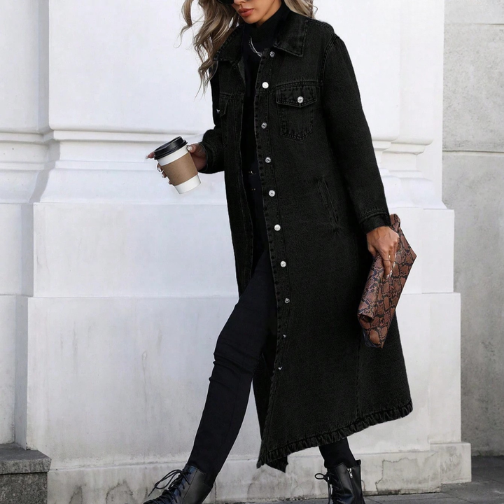 Women’s Oversized Long Denim Coat with Button-Down Front and Classic Collar