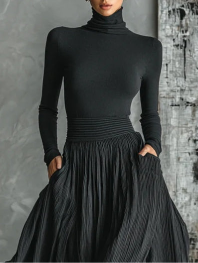 Women's Black Turtleneck Top and Pleated Midi Skirt Two-Piece Set