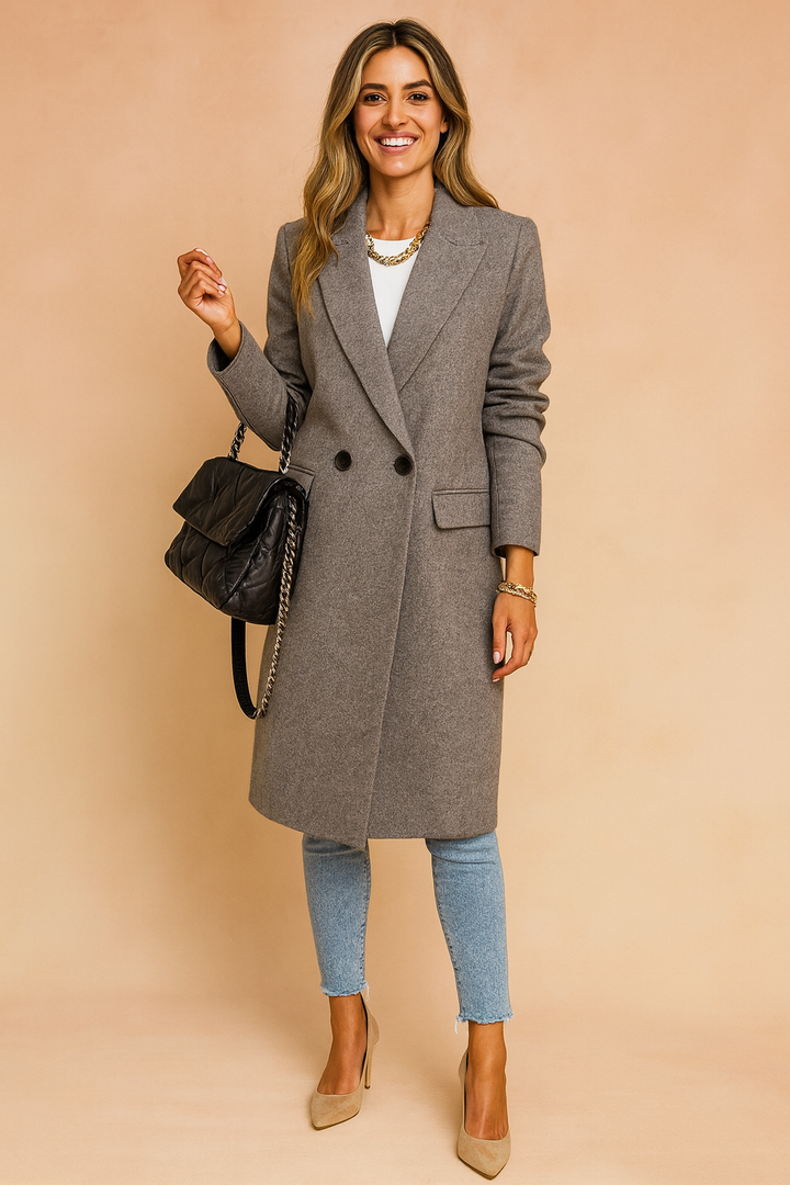 Classic Double-Breasted Wool Blend Longline Coat