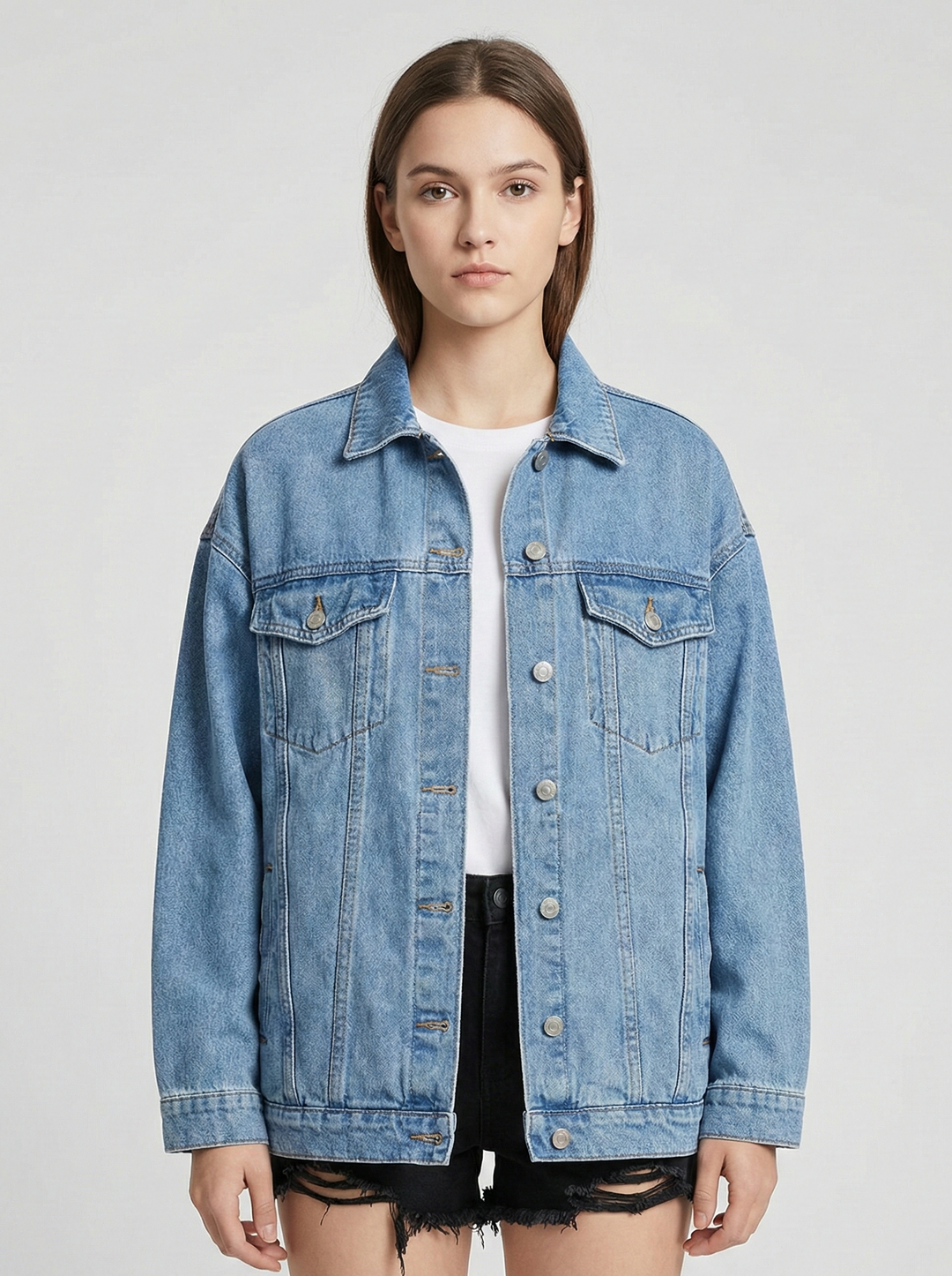 Women’s Oversized Denim Jacket with Classic Button Front and Relaxed Streetwear Fit