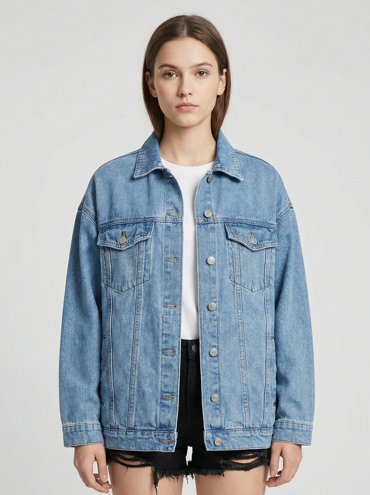 Women’s Oversized Denim Jacket with Classic Button Front and Relaxed Streetwear Fit