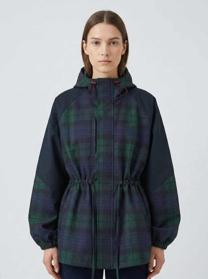 Women’s Oversized Plaid Hooded Jacket with Adjustable Waist and Utility-Inspired Design