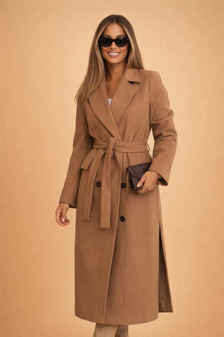Women's Tailored Belted Longline City Coat — Elegant Long-Sleeve Wool-Blend Trench Overcoat