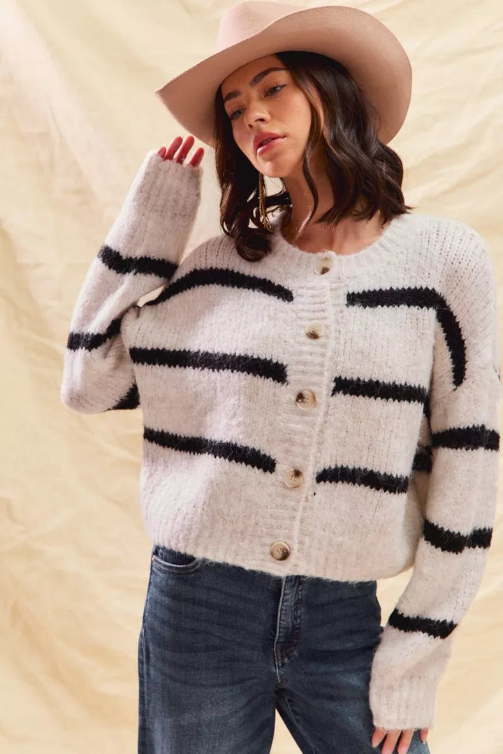 Striped Button-Down Winter Cardigan - Classic Knit Sweater