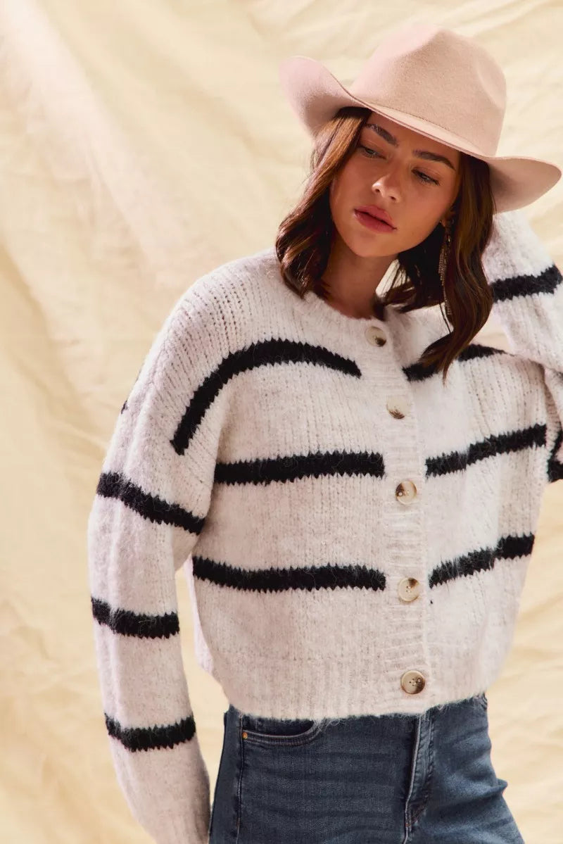 Striped Button-Down Winter Cardigan - Classic Knit Sweater