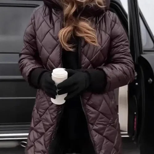Women's Hooded Quilted Puffer Coat — Longline Lightweight Insulated Winter Jacket