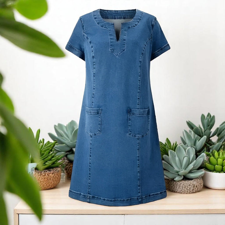 HAZEL | Denim Midi Dress with V-Notch Neckline and Front Pockets