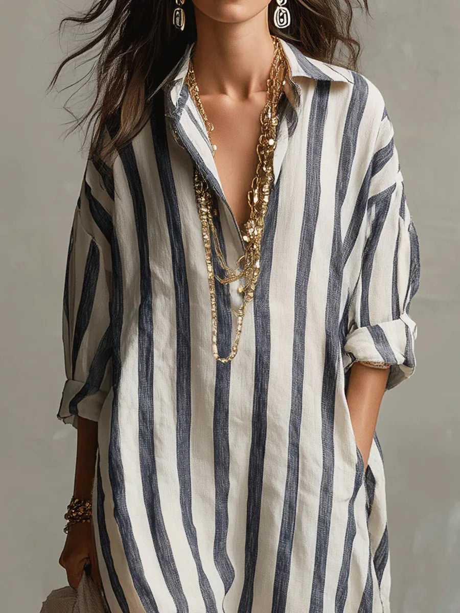 Scout | Striped Shirt Maxi Dress with Long Sleeves and Side Pockets