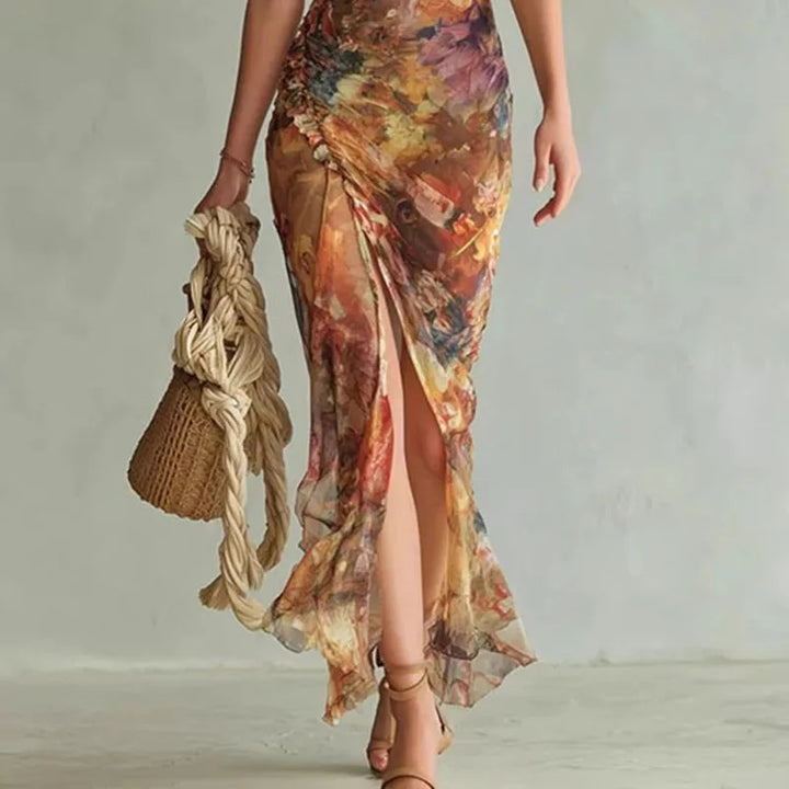 ROSALIND | Floral Maxi Dress Puff Sleeve Square Neck Elegant Fitted Style