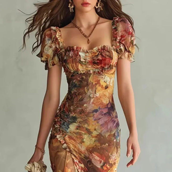 ROSALIND | Floral Maxi Dress Puff Sleeve Square Neck Elegant Fitted Style